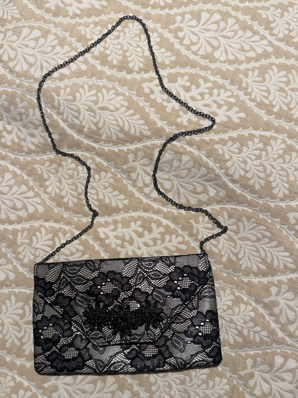 Vintage Jessica McClintock Black Lace Floral Clutch with optional chain